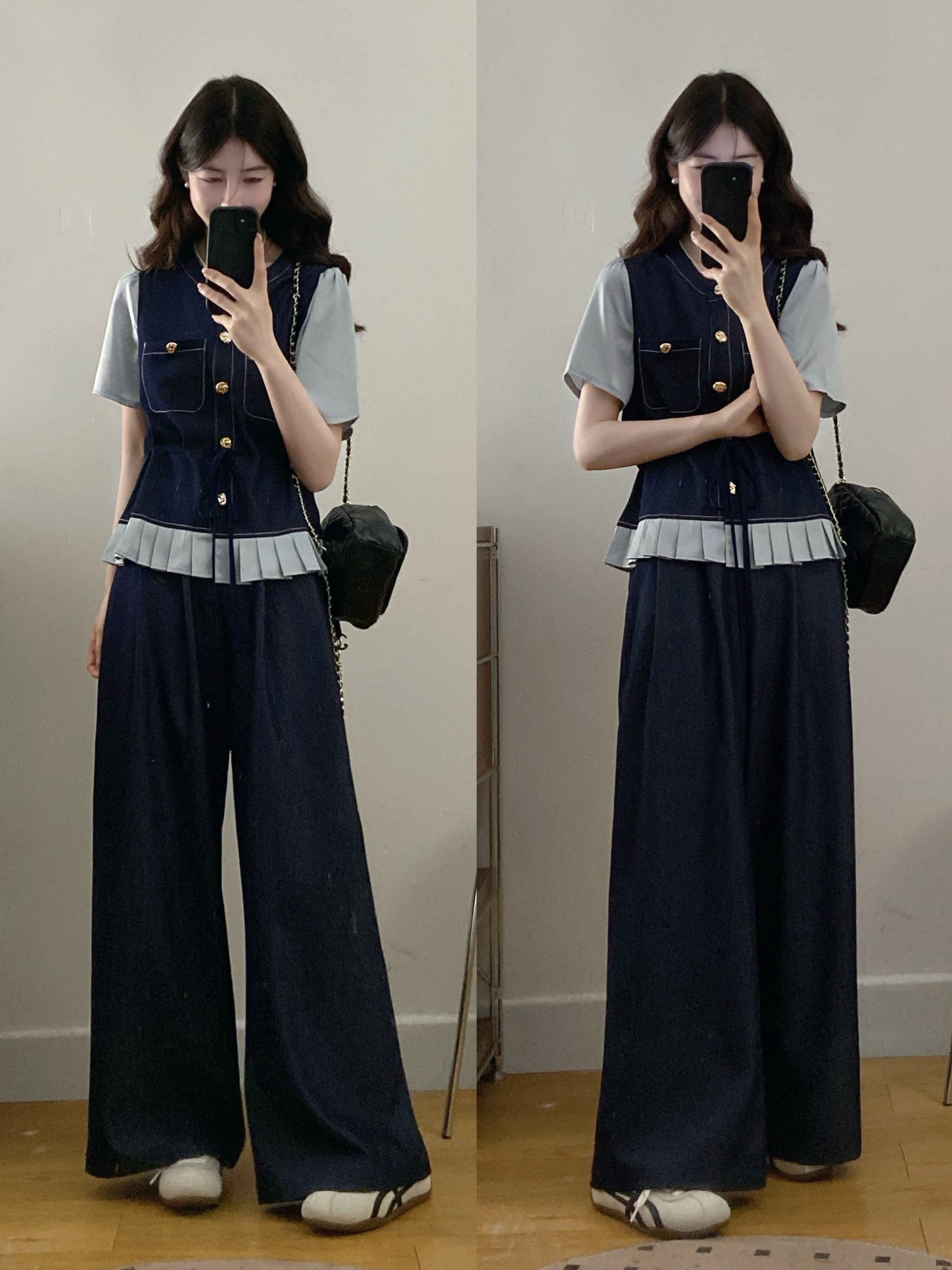 B31(3089) 韩版时尚天丝JEANS撞色袖与百褶下摆上衣与长裤蓝套装