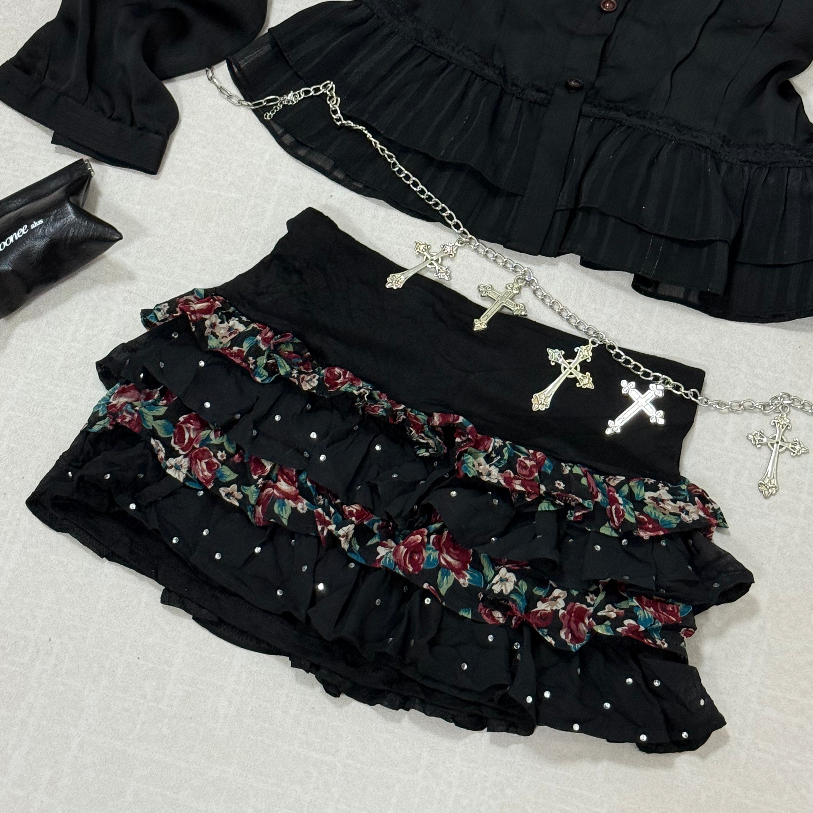 Black Floral Print Ruffled Mini Skirt With Beading