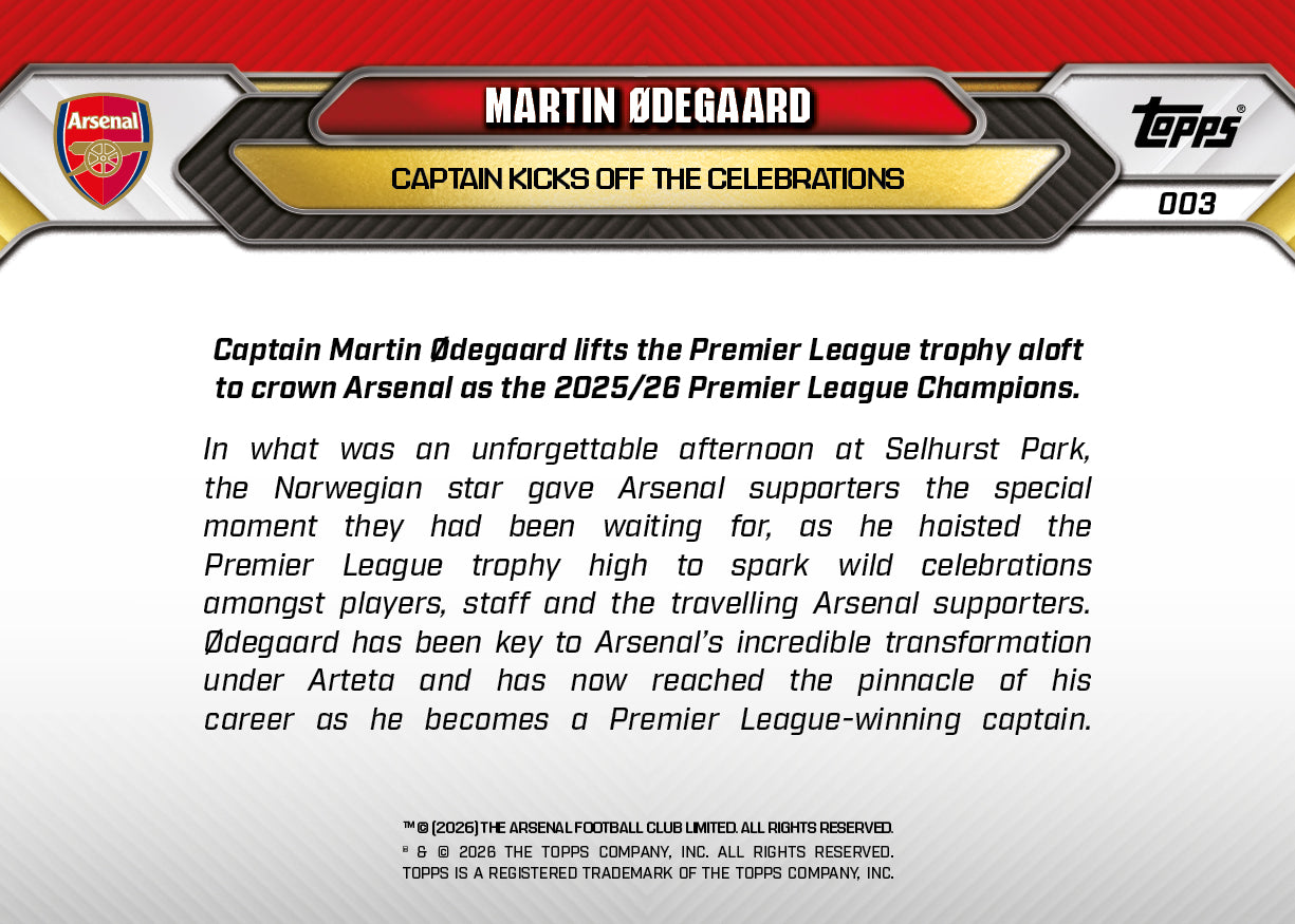 Martin Ødegaard - 2025/26 Arsenal FC Topps NOW #3 隊長英超捧盃卡｜PR 5,385