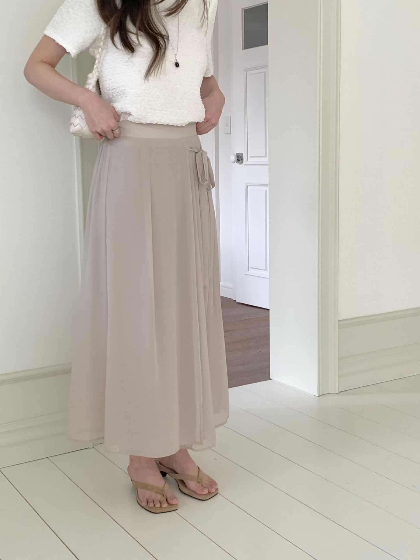 CT23 飄逸雪紡壓褶繫帶高腰寬裙褲