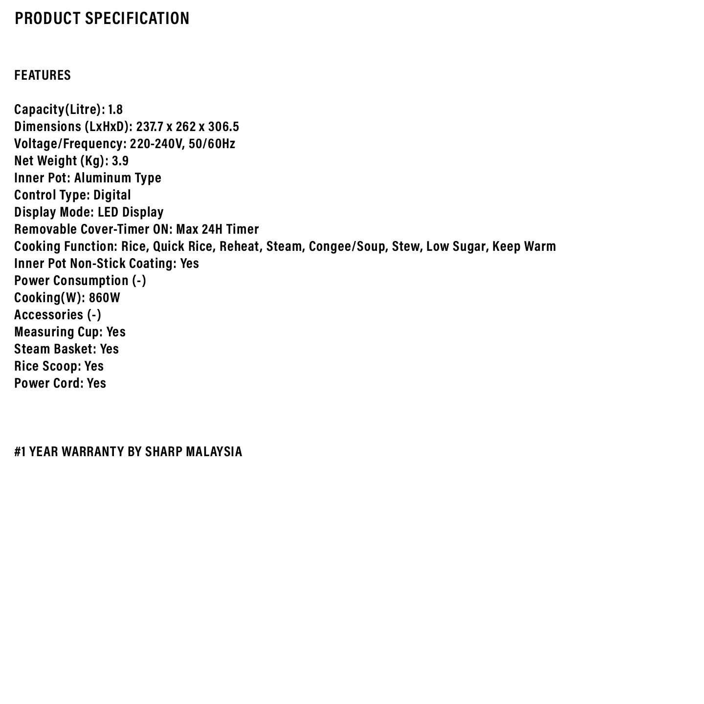 Sharp 1.8L Low Sugar Rice Cooker (KSL18MYBK)