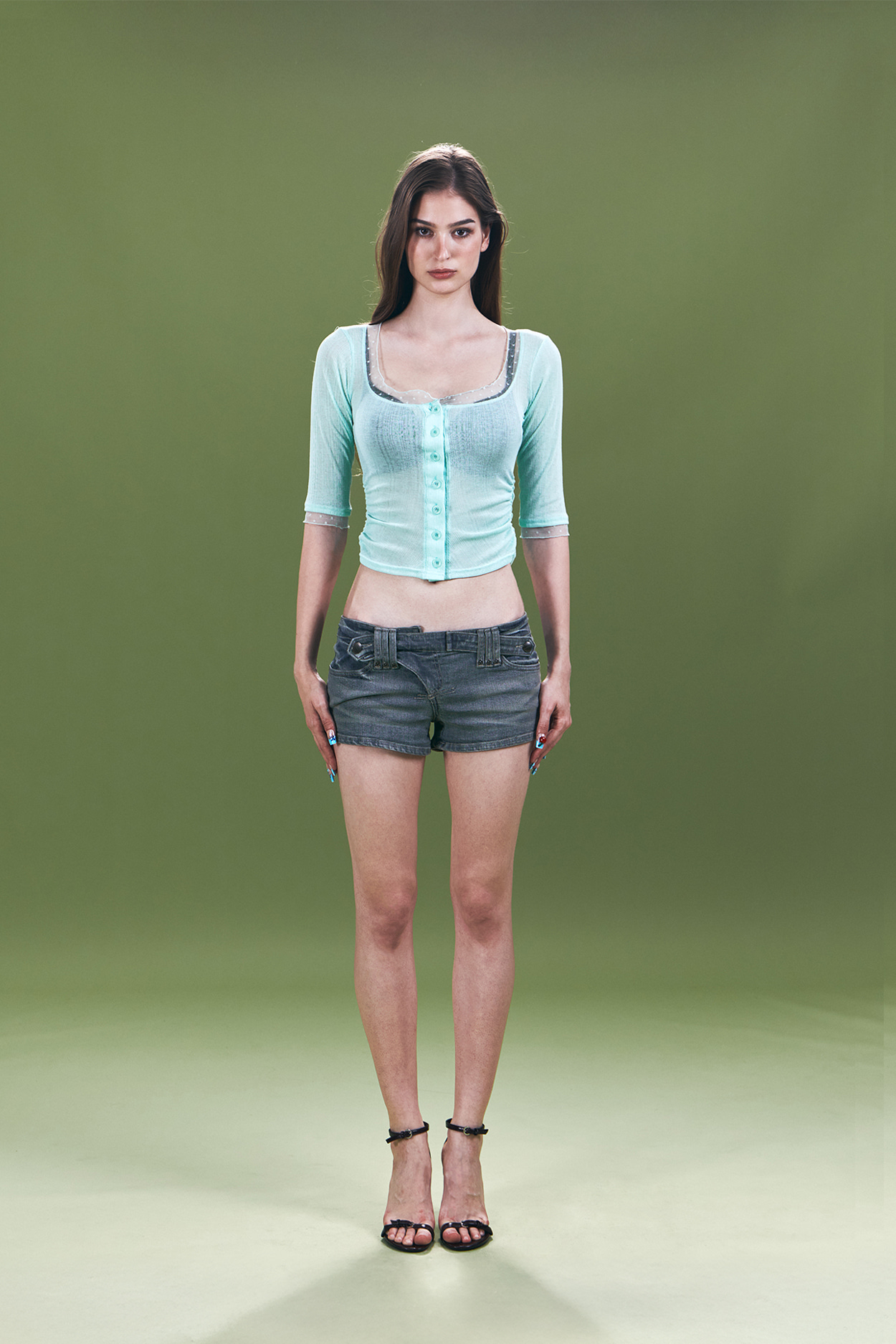 pleaseNOFOLLOW - Suri Lace Button Long Sleeve Top (Mint)
