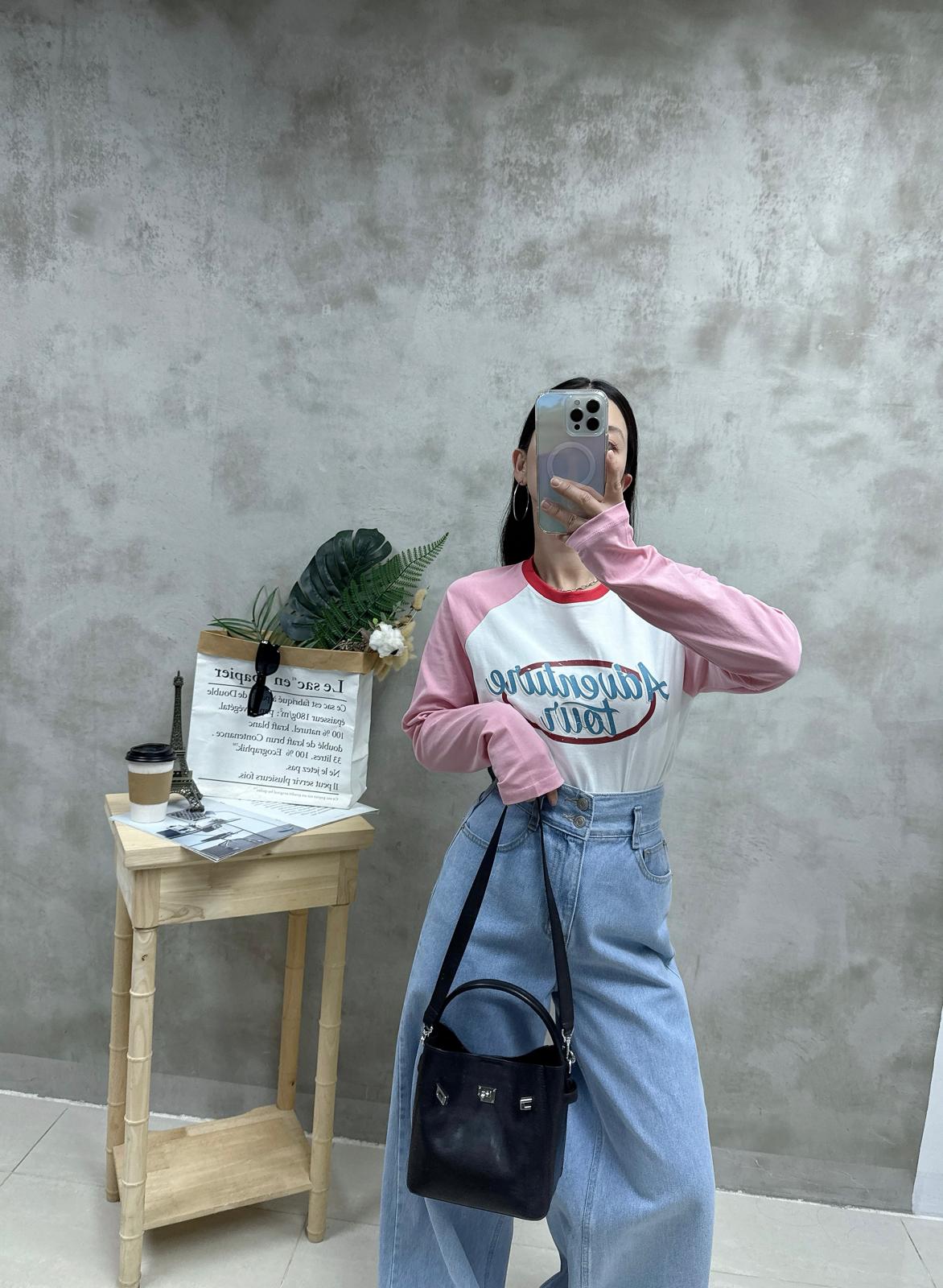 H06 拼色牛角袖print Tee
