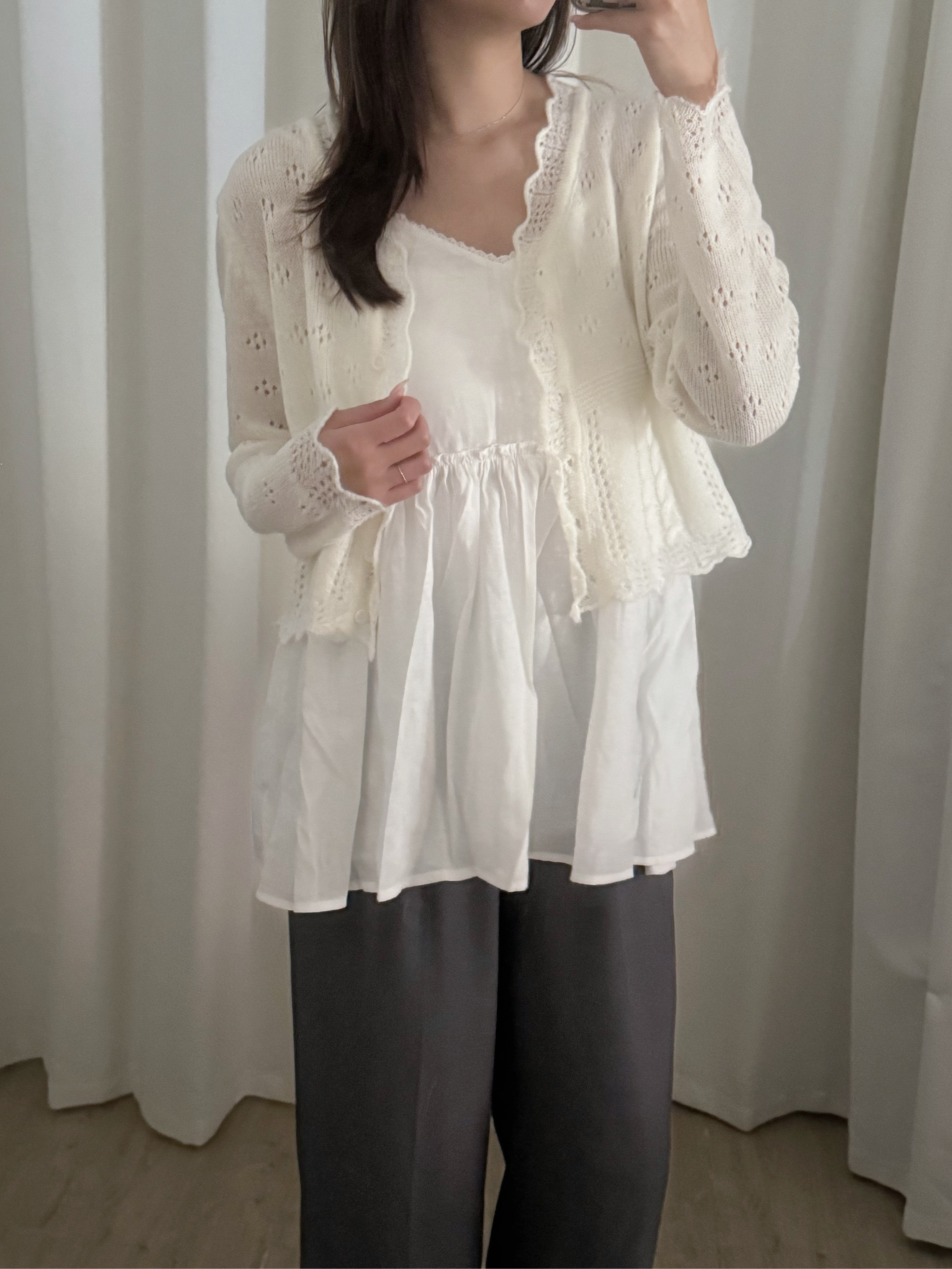 通花波浪邊針織外套(三色入)