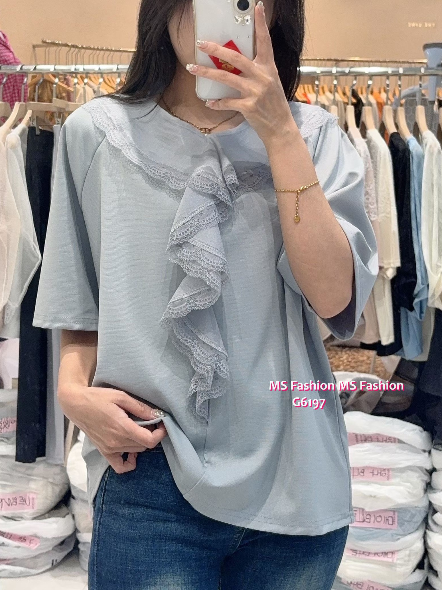 G6197 韓國🇰🇷V領lace邊ruffle top