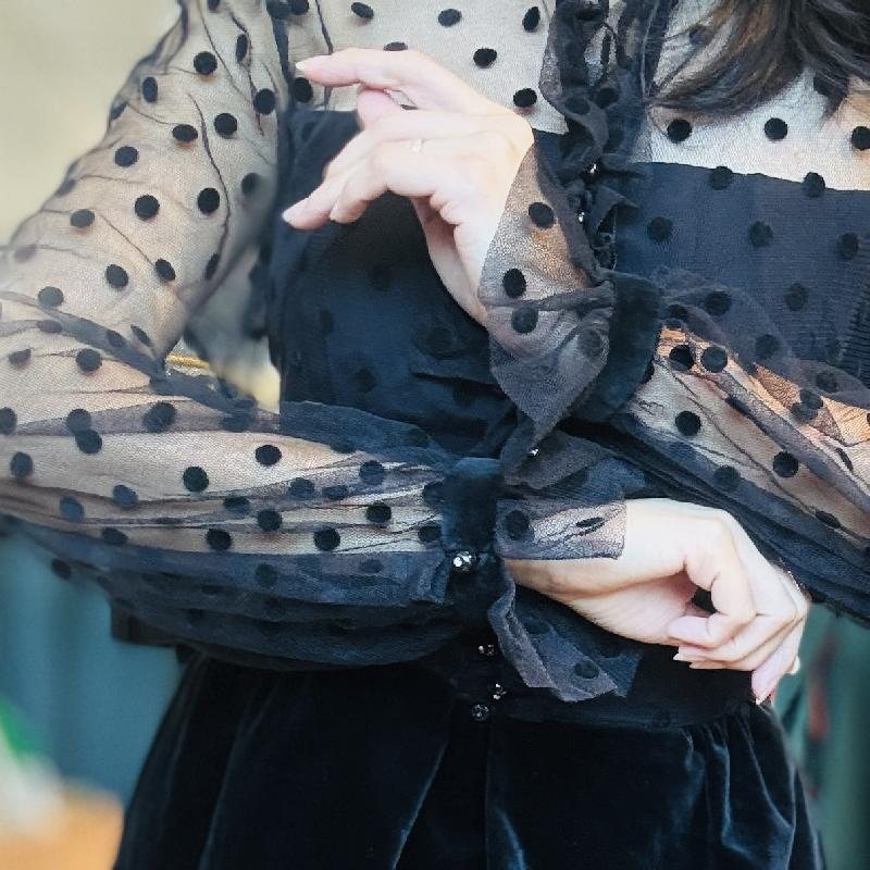 Vintage 1980s Gothic Style Polka Dot Lace x Velvet Evening Gown with Pockets (MT2571)
