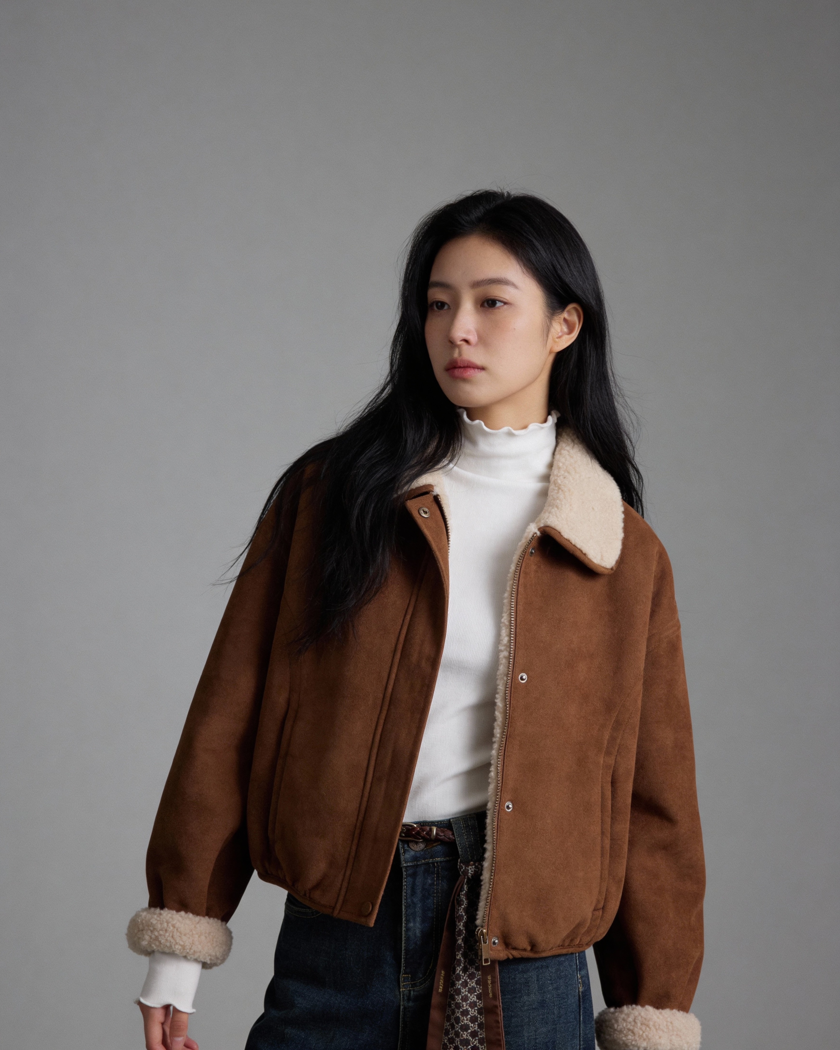 3233暖棕麂皮毛領 Bomber 短夾克