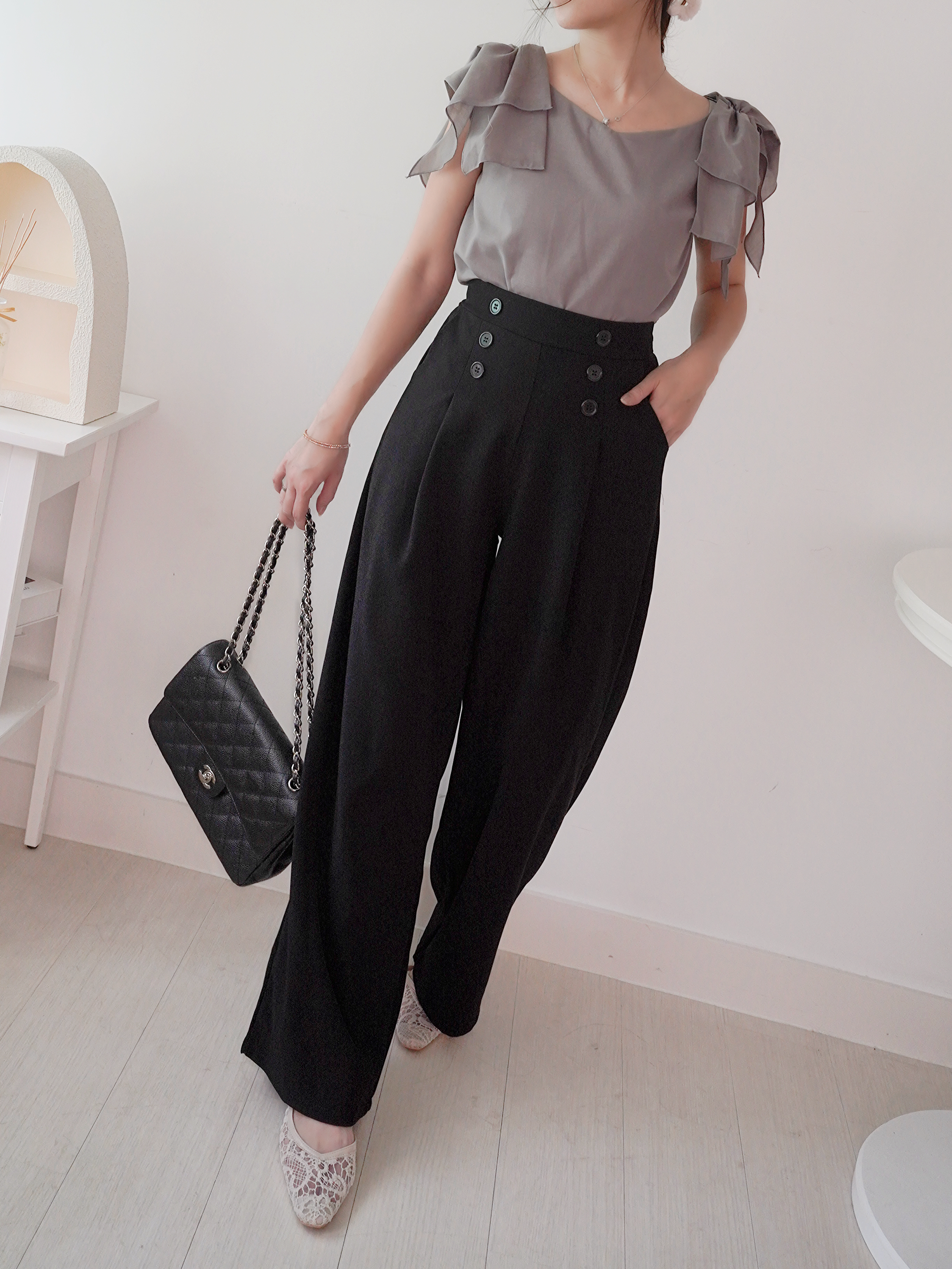 百搭知性の選💮排鈕闊腳長褲(KR)黑色310737