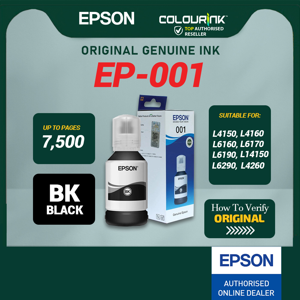 Epson Original Genuine 001 Black Cyan Magenta Yellow Refill Ink Bottle L4150 L4160 L6160 L6170 L6190 L14150 L6290 L4260