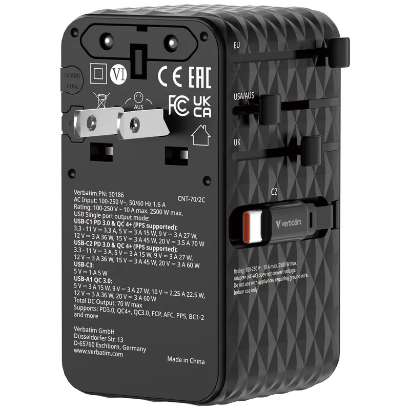 香港行貨 2年保養  Verbatim 威寶 Charge 'n' Travel Diamond 70W 通用旅行轉插(附雙USB-C可伸縮充電線) (CNT-70/2C) 30186