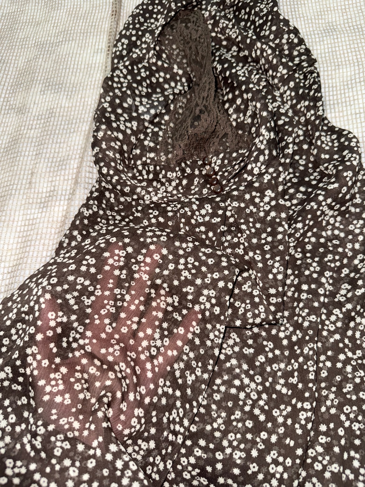 90s Vintage Brown Ditsy Floral Dress with Lace V-Neck