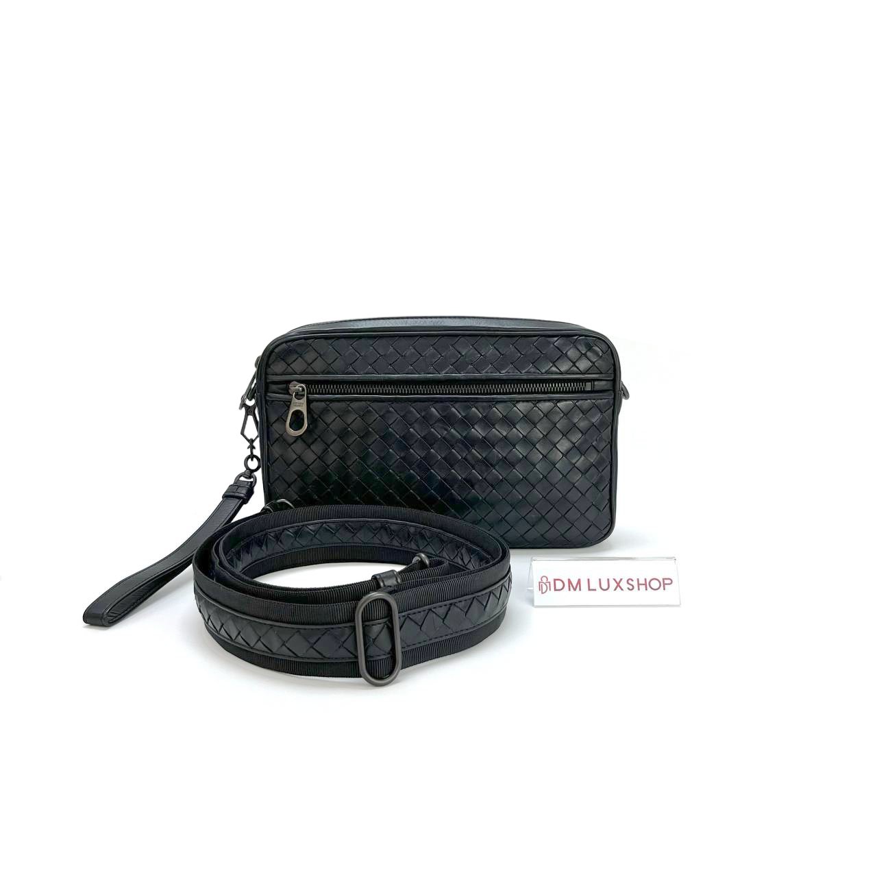 BV Black Intrecciato Woven Clutch w/ Strap