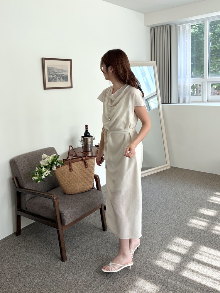 Draped Neck Dress with Inner Slip (Cream)
