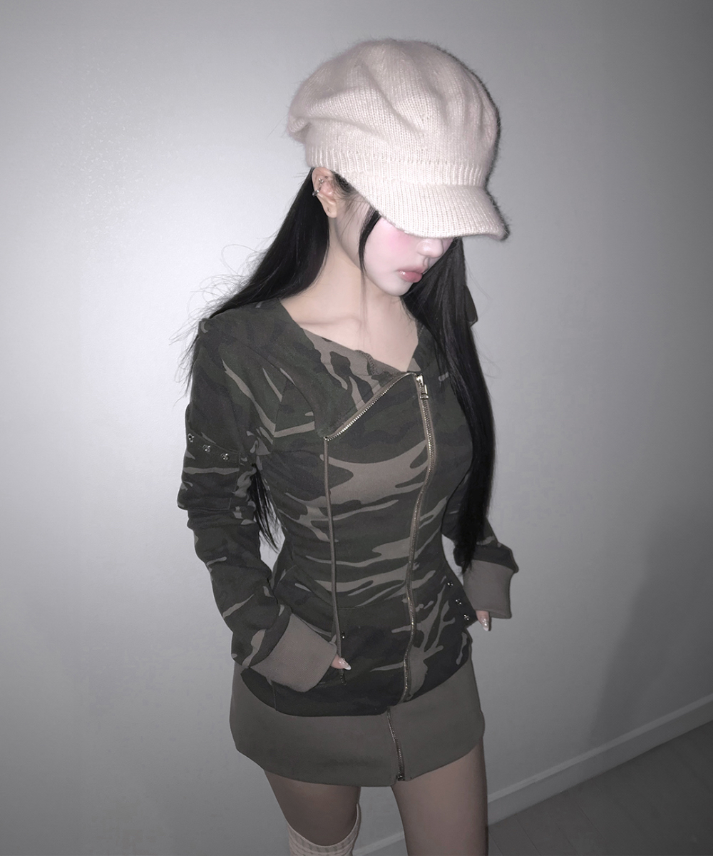 Camo Zip-Up Hooded Mini Dress