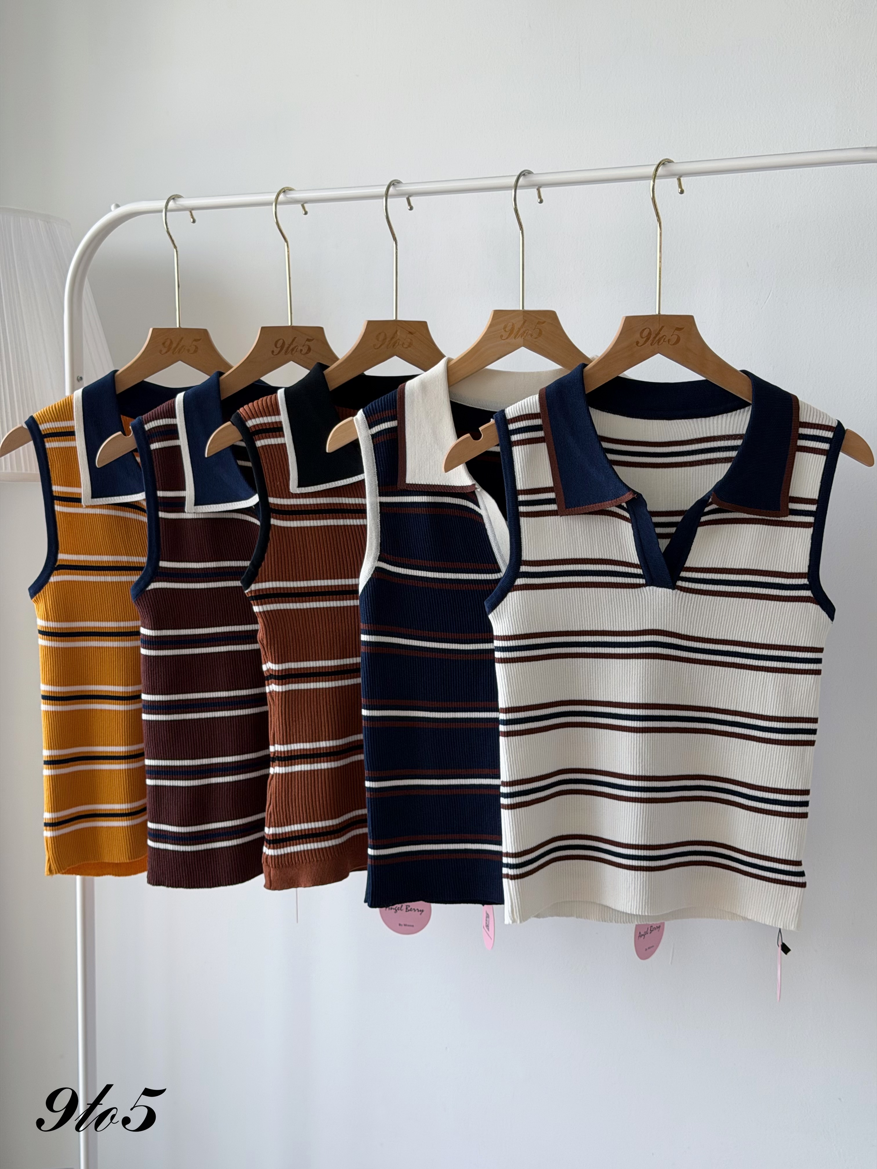 T4474 Sleeveless Striped Knit Polo Top - 5 Colors 