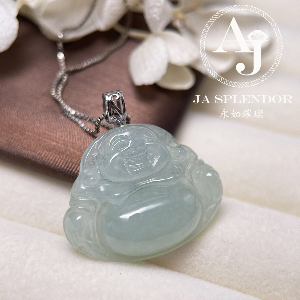 JNK-360 天然翡翠A玉 冰種晴綠笑佛/佛公18K金吊墜(法師加持)
