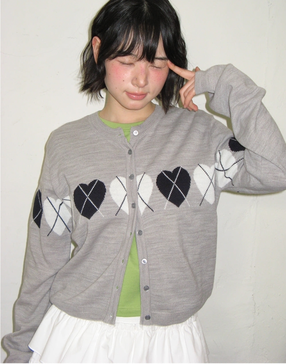 Ron Ron Heart Argyle Line Knit Cardigan