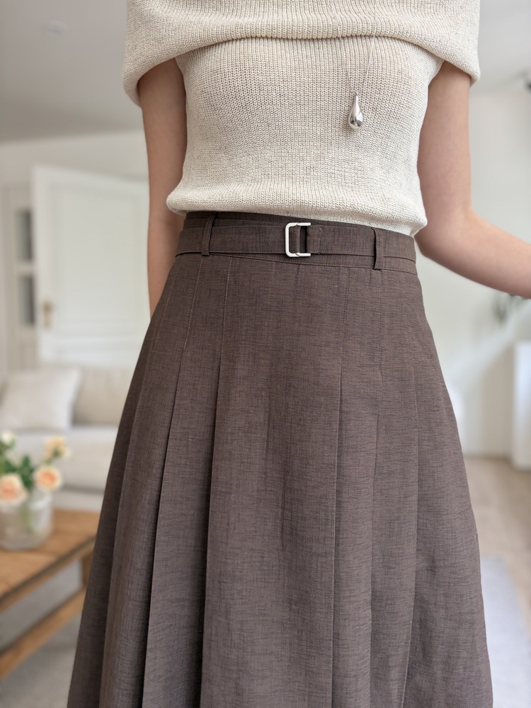 Linen Blend Pleated Skirt (Brown)
