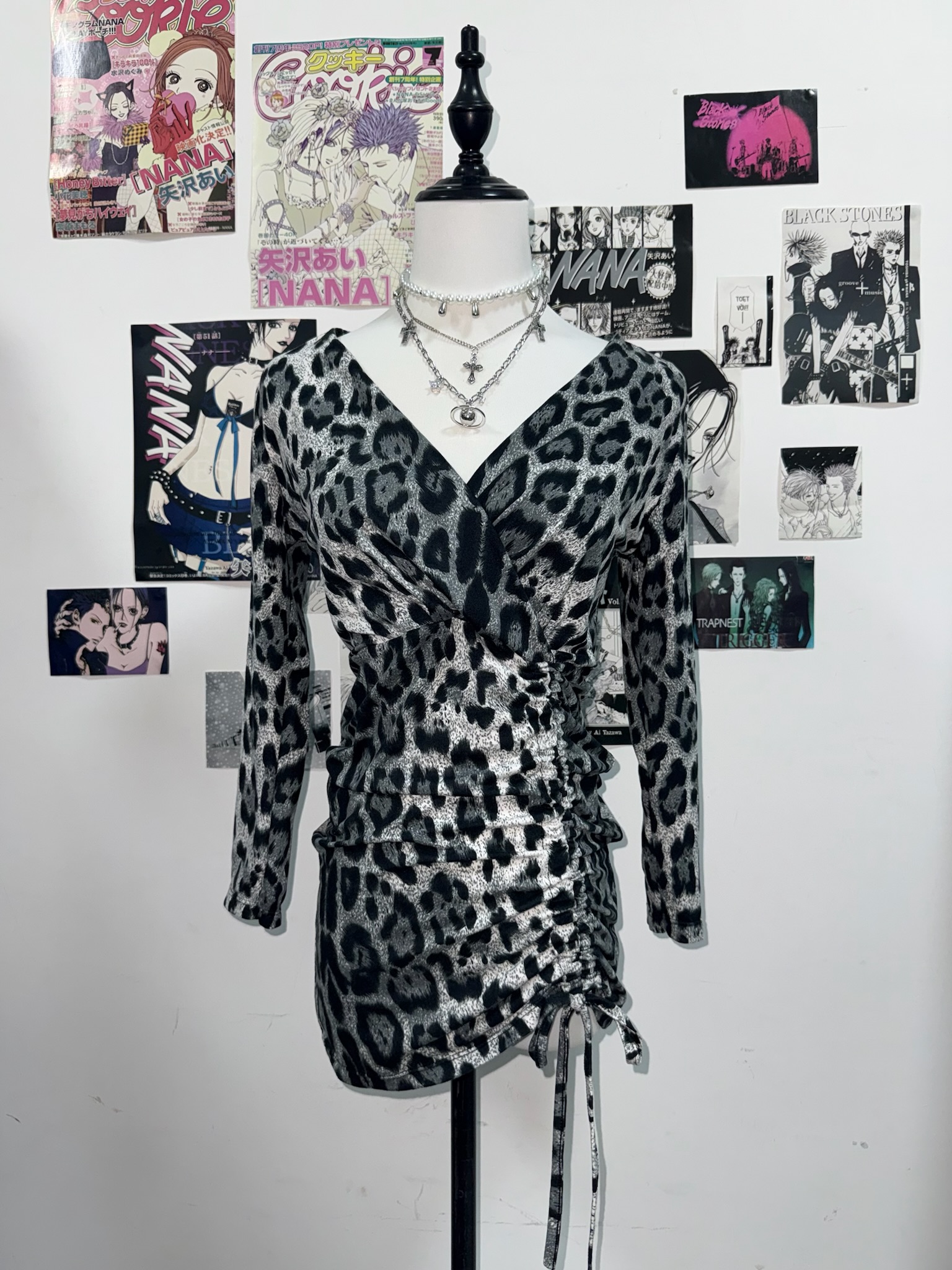 Silver Metallic Leopard Print Ruched Dress