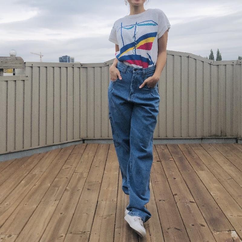 C.a. 1990s Stylish High-Waist Cargo Jeans 100% Cotton (MT927)