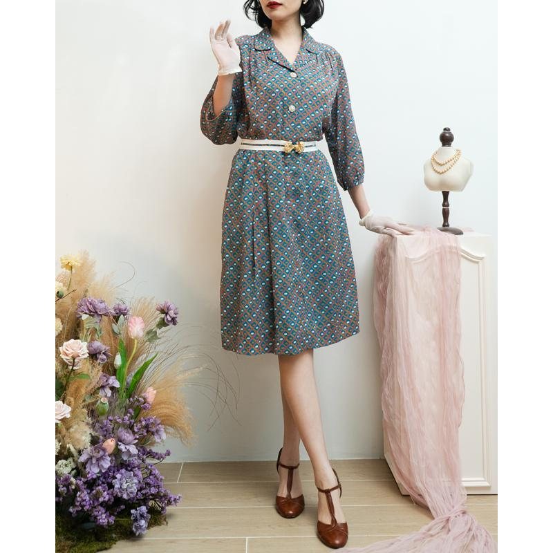 Vintage Trio Colour Simplicity Motif Mid-Sleeve V-Neck ShirtDress(MT1842-14)