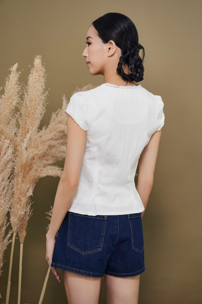 CB2770 Lace Trim Pleated Peplum Blouse