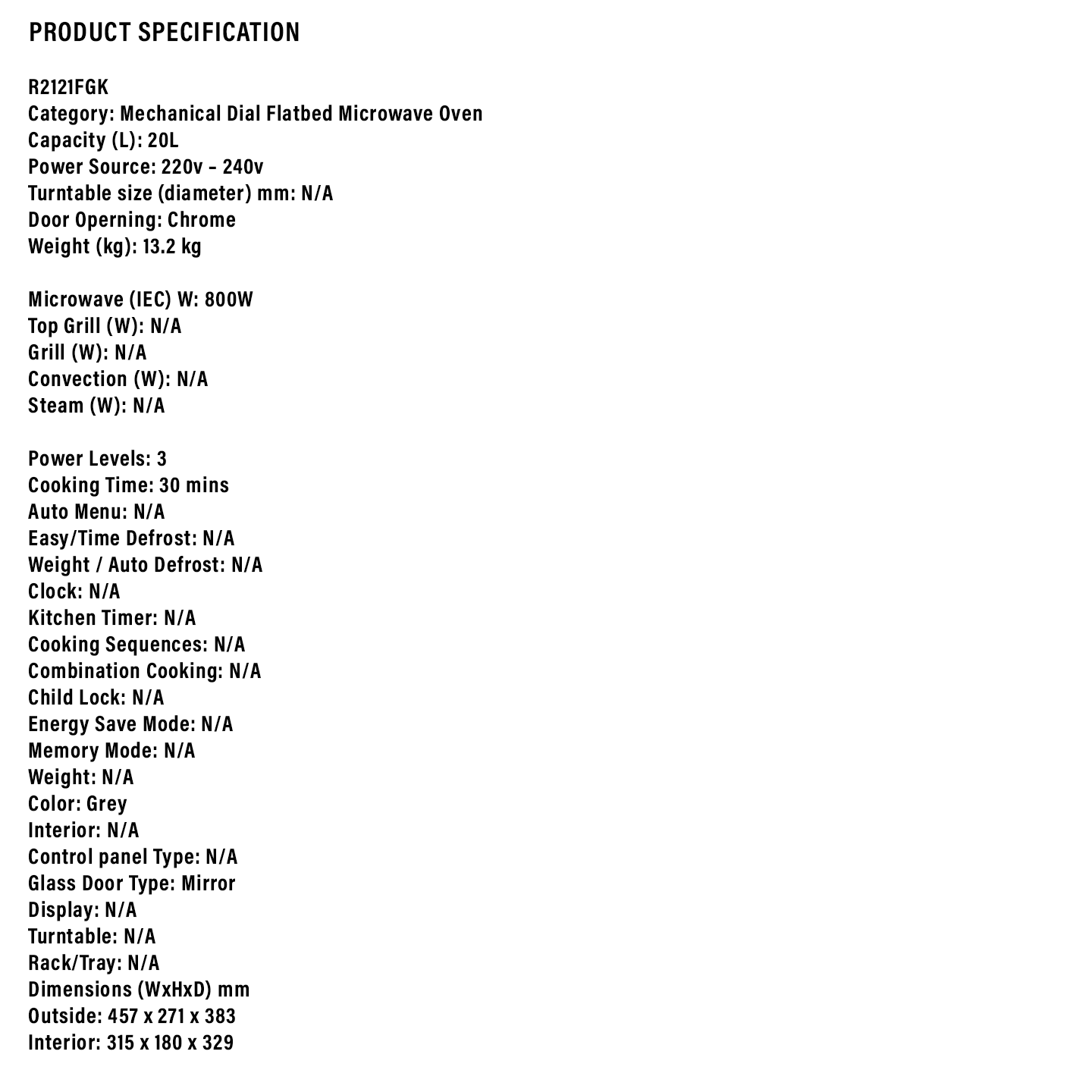 Sharp 20L Flatbed Microwave Oven (R2121FGK)