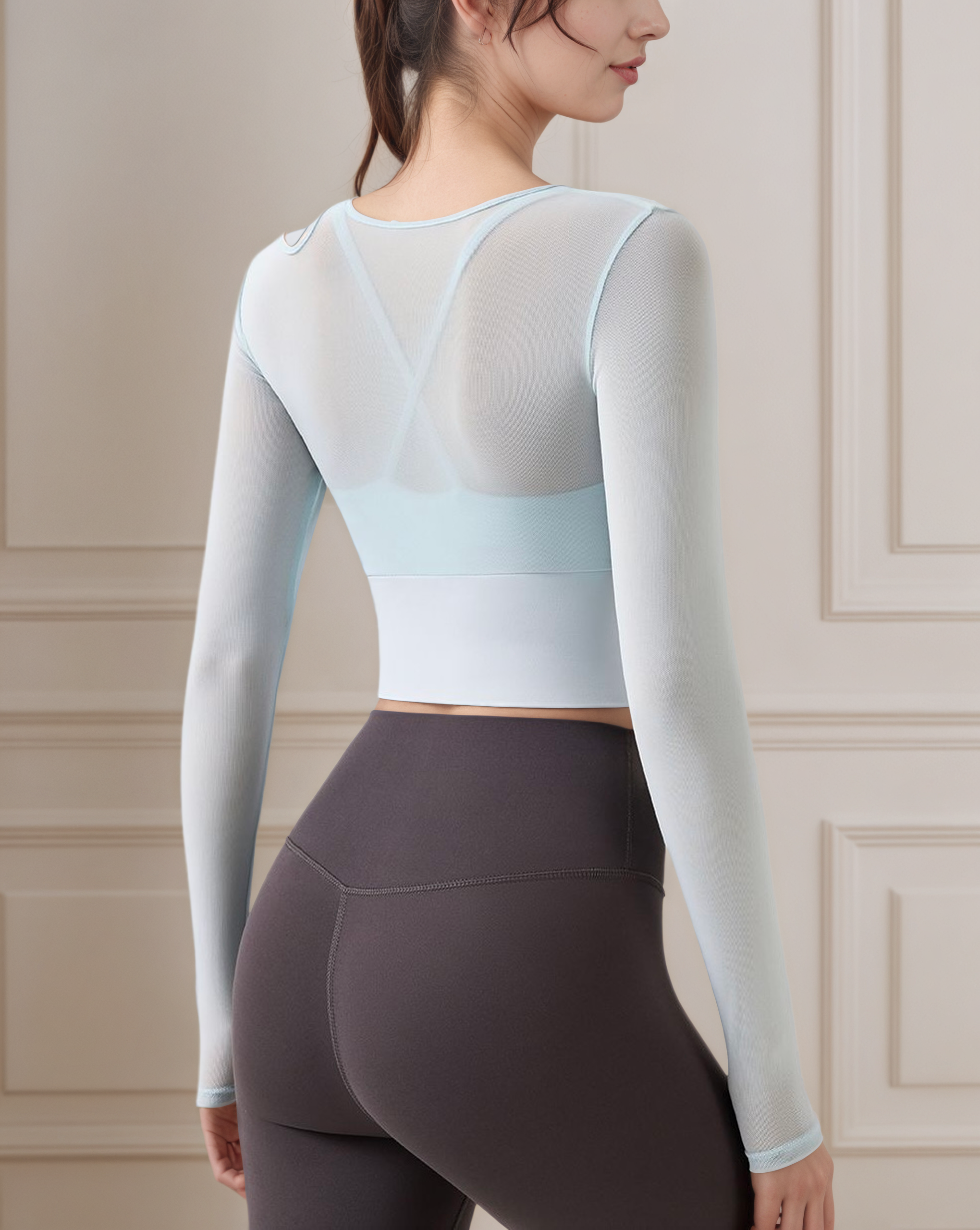 單肩鏤空網紗假兩件瑜珈長袖上衣