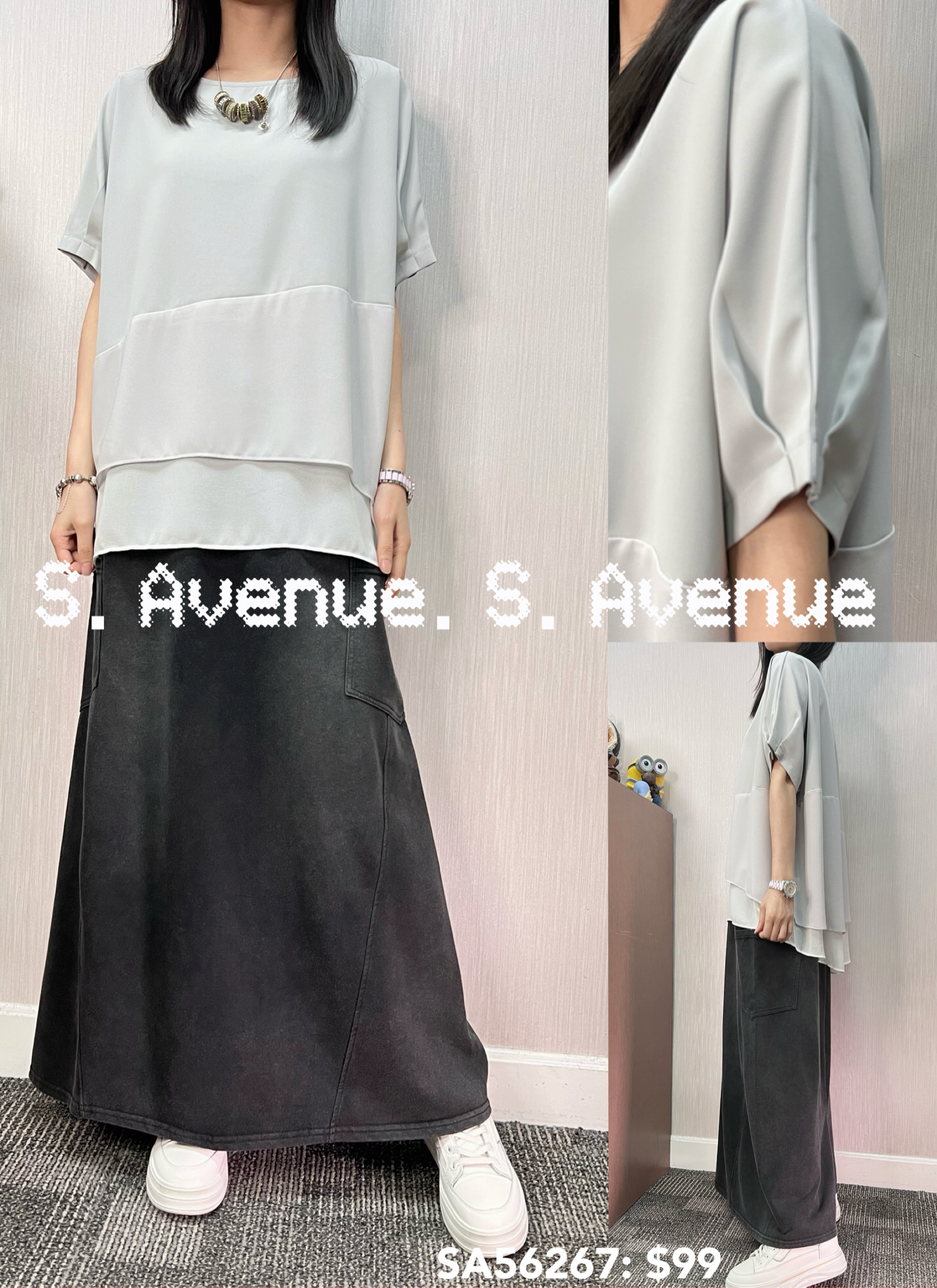 SA56267: 短袖袖有撍拼布兩層雪紡top