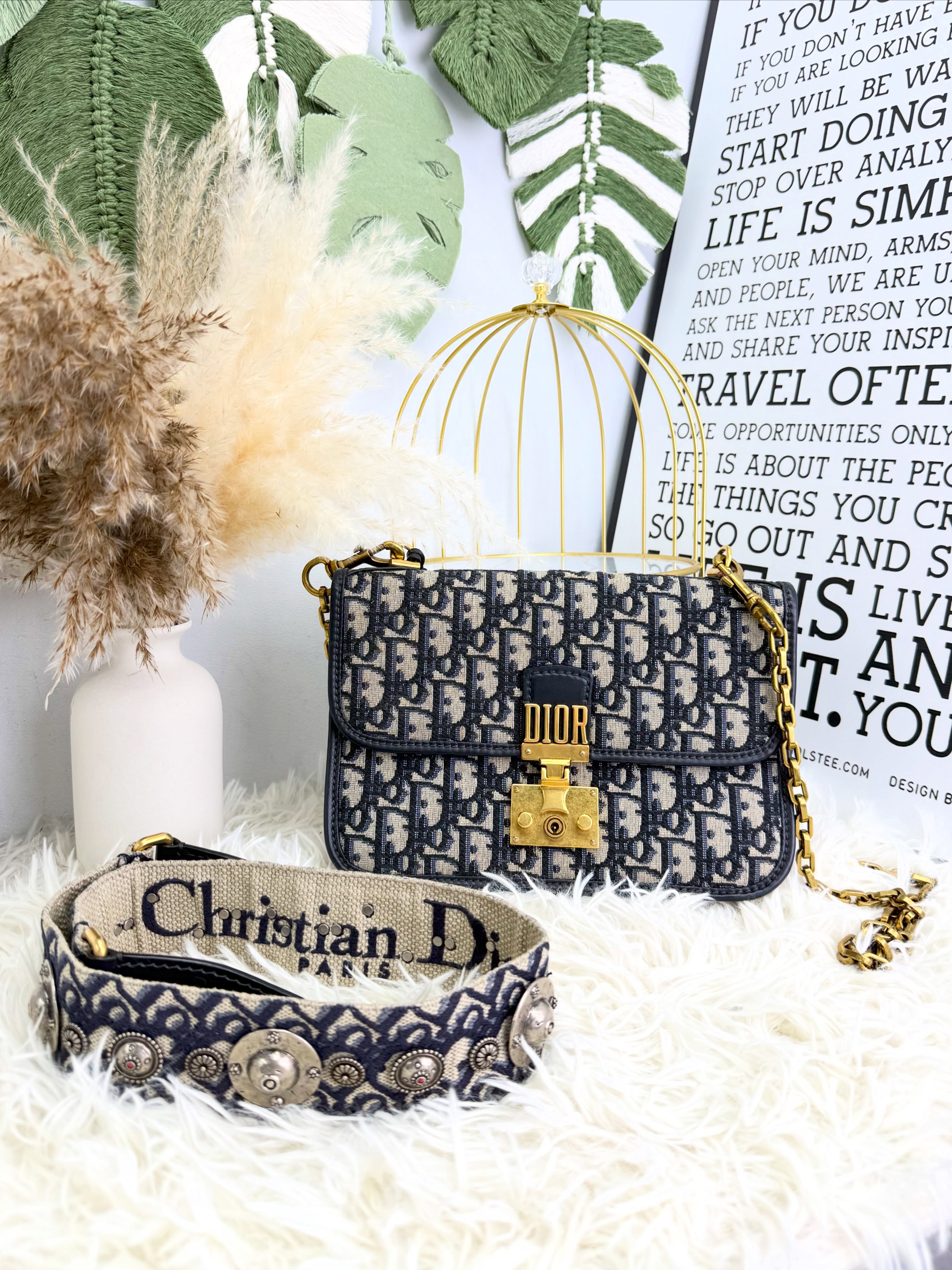 Dior👜 PRE OWNED 🛍️老花郵差包 原裝五金復古肩帶 + 後配 鏈條肩帶💛 