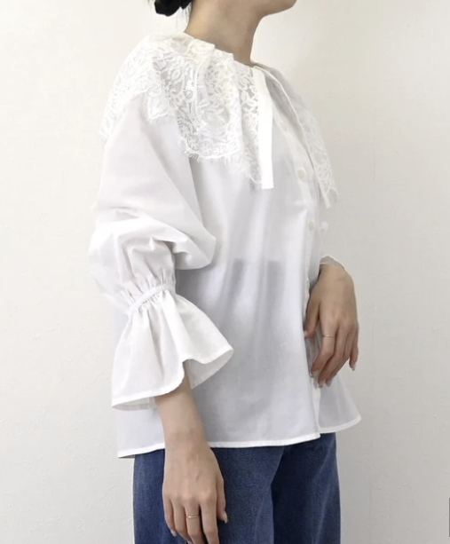 蕾絲領口糖果袖襯衫 - 2026 流行穿搭  長䄂襯衫 春夏時尚穿搭 柔軟舒適 優雅日常 易於配搭 日本直送   #JP-I-260026