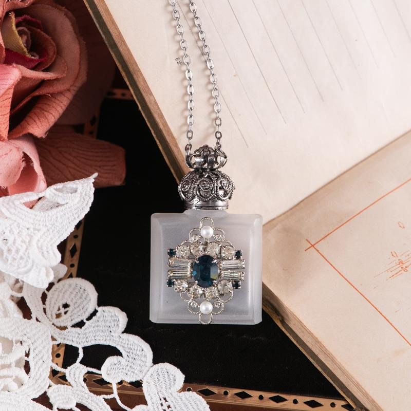Vintage Art Nouveau Style Royal Blue Rhinestone Accented Satin Glass Purse Perfume Bottle Necklace - Recomposed New Old Stock(MZ001-7)