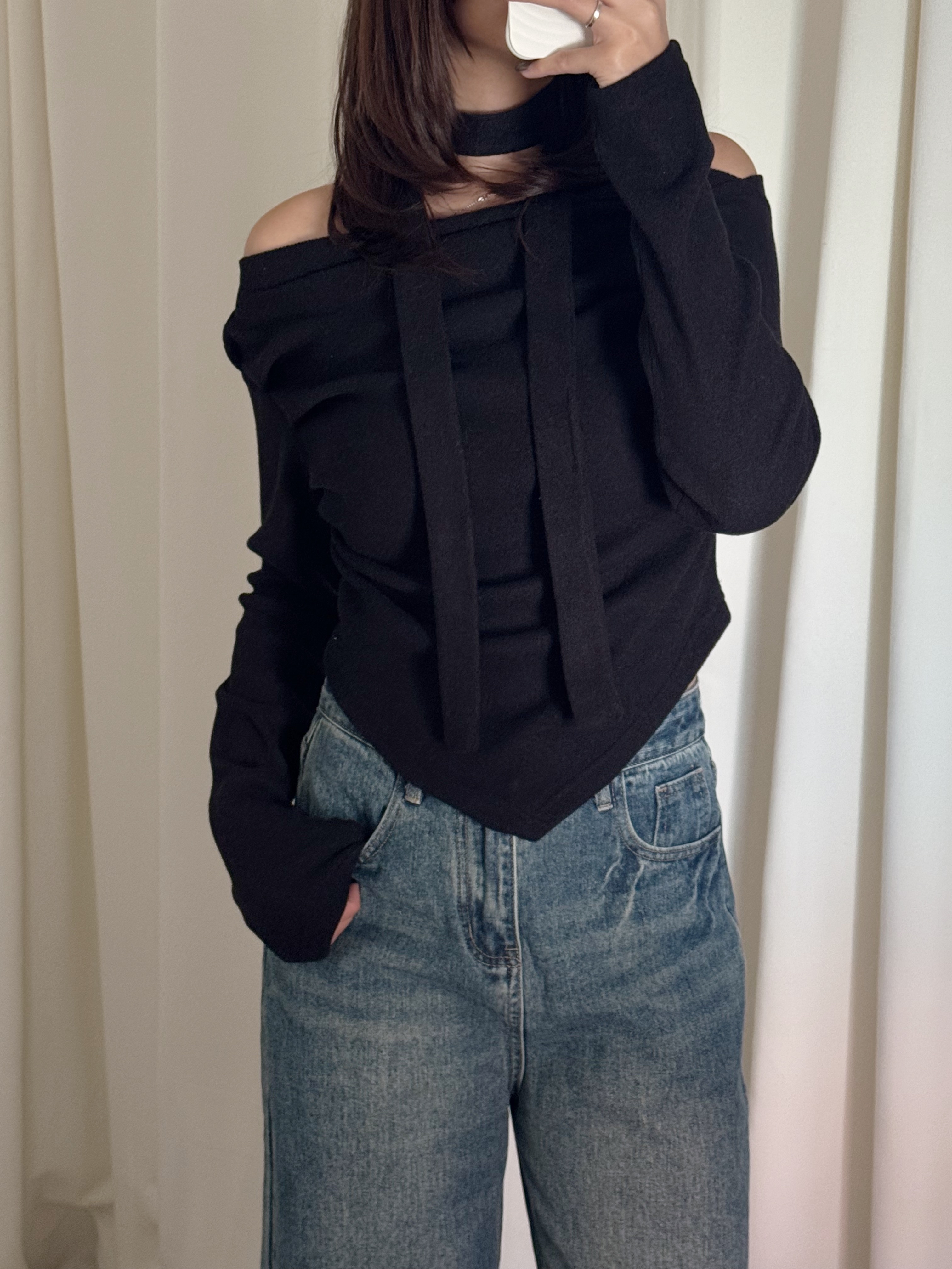 皺皺毛呢頸帶長袖上衣(四色入)