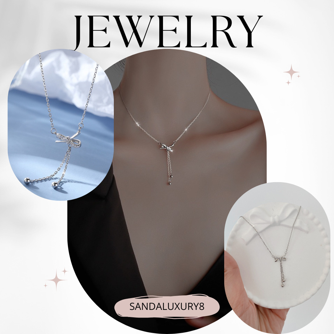 Elegant Silver Bow Necklace with Crystal Pendant  -  SandalLuxury8