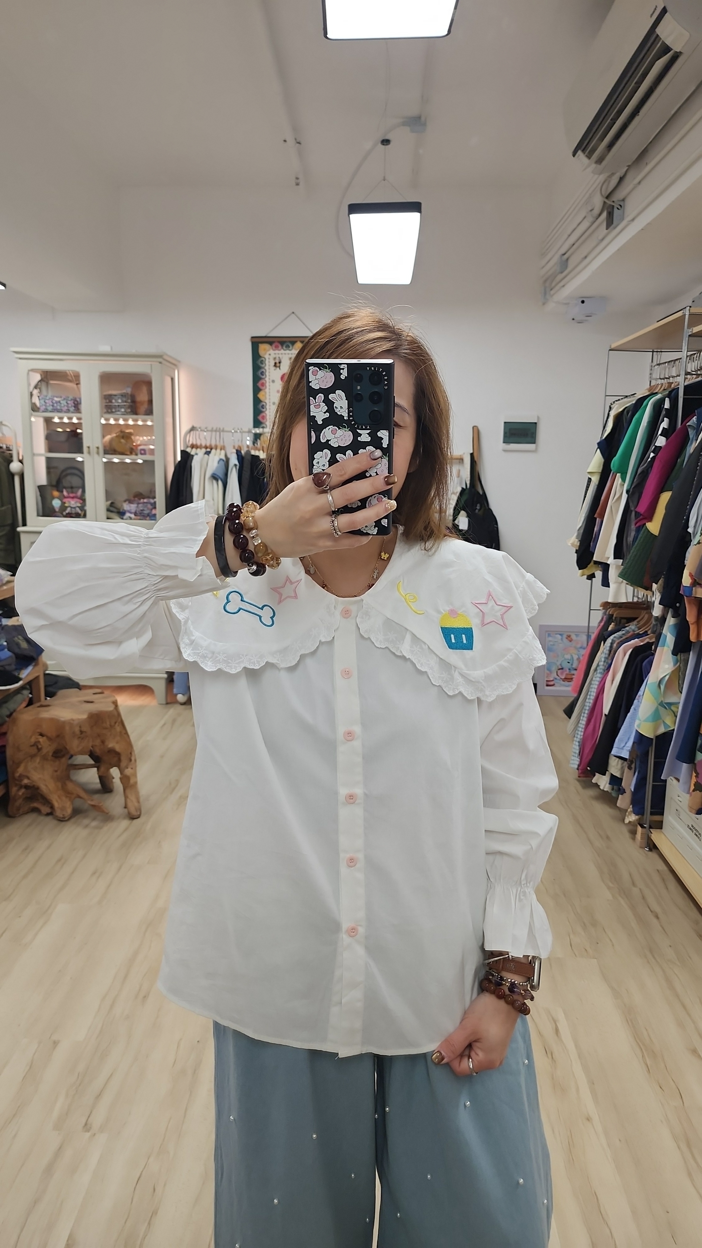 韓國白拼刺繡圖案娃娃領開胸裇