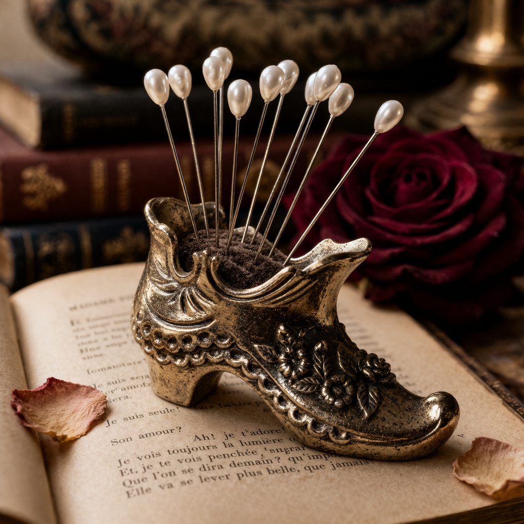 Vintage C.a. 1960-70s Elegant Solid Metal Rose Embellished Shoe Pin Cushion (MT2227)