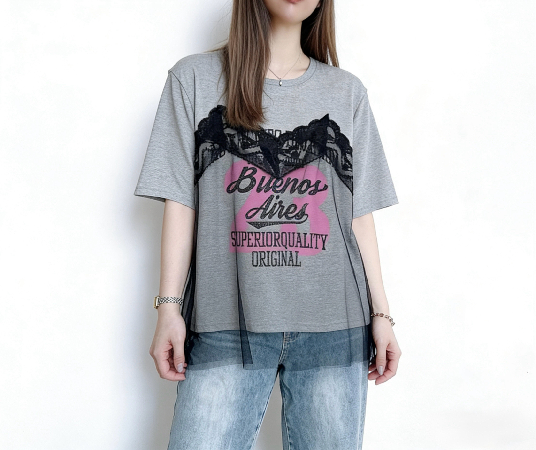 🌼初春優惠🍀 英文字拼LACE網紗Tee