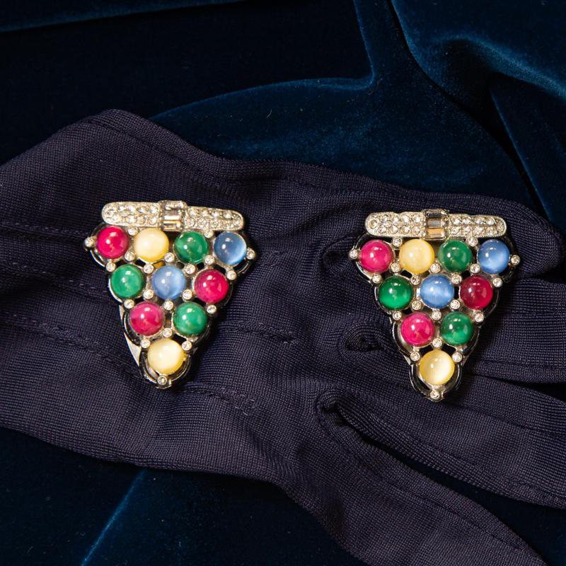 Antique C.a. 1930s Art Deco Colourful Glass Cabochon Enamel Edge Dress Clip (MN261)