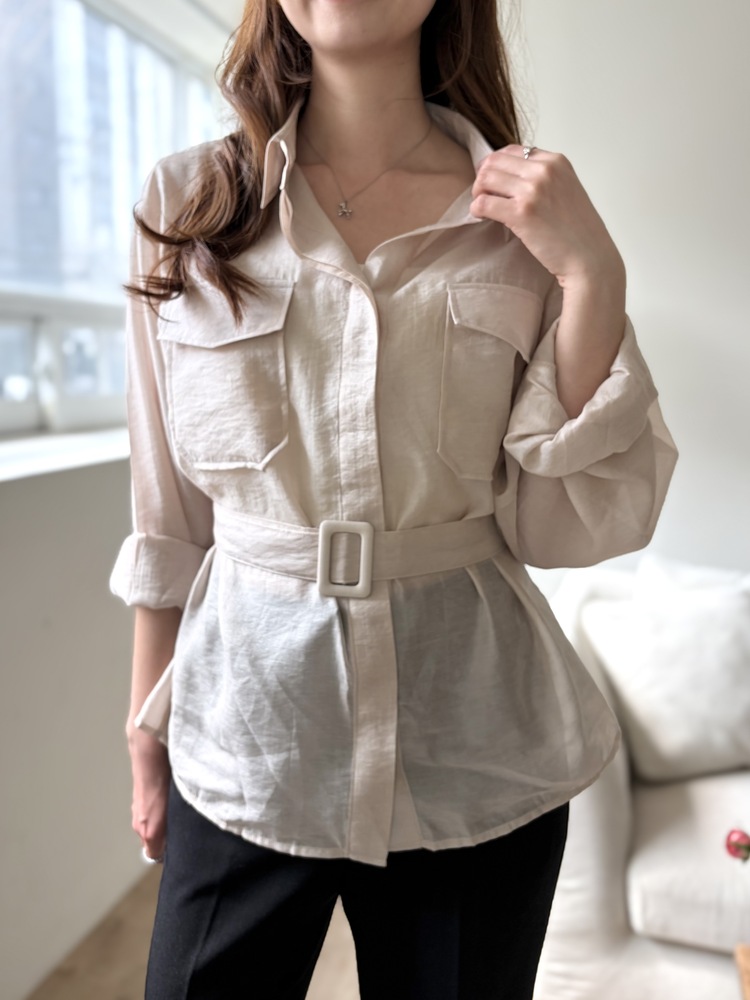 Feminine Belted Pocket Blouse (Pink)