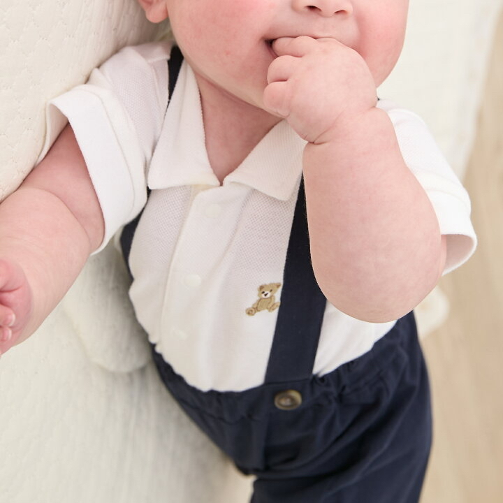 🇯🇵預訂 日本直送🇯🇵Petit Main兩色小熊刺繡翻領短袖包屁衣吊帶褲套裝