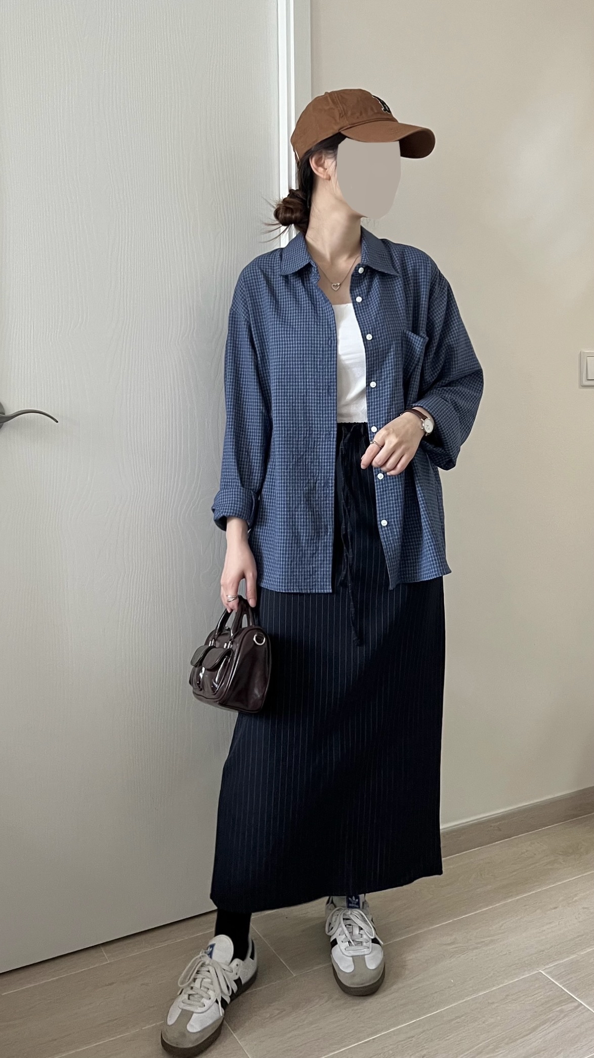 韓風細格紋薄恤衫 