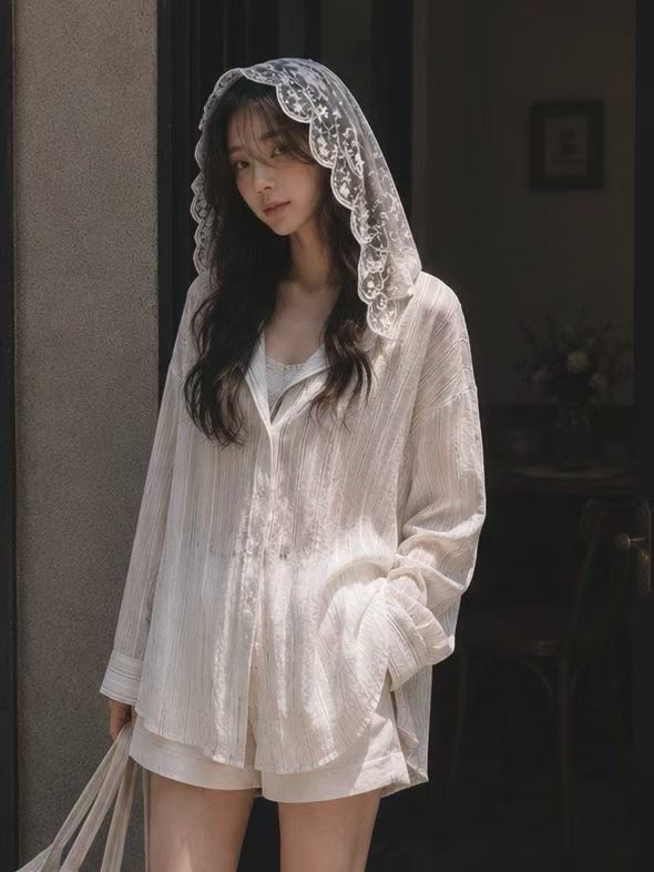 東大門女裝 | Lace hoodie stripe shirt