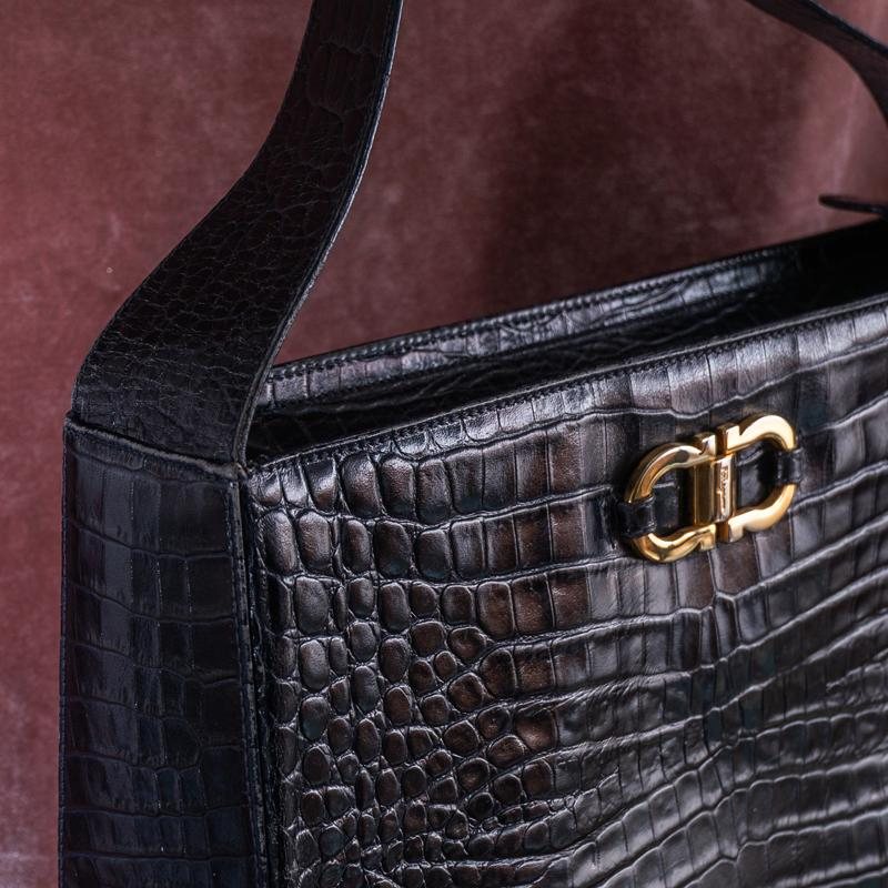 Vintage Salvatore Ferragamo Dark Blue Embossed Leather With iconic Gancini Hardware Large Two Way Shoulder / Crossbody Bag (MT1815)