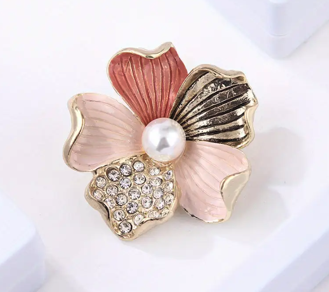 Vintage Flower Brooch with Rhinestone Embellishments, Pearl Center, Floral Pin
