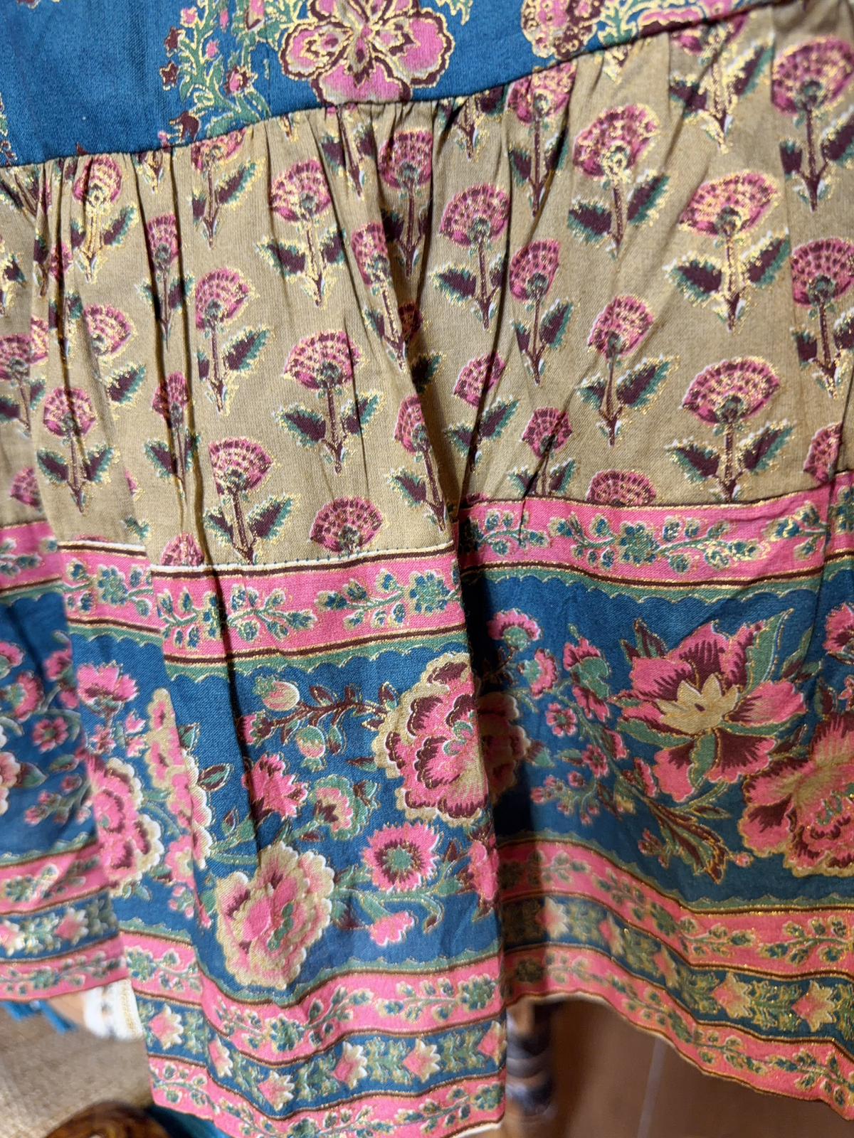 #1528 Blue Golden Floral Milktea Edge Sleeveless OP