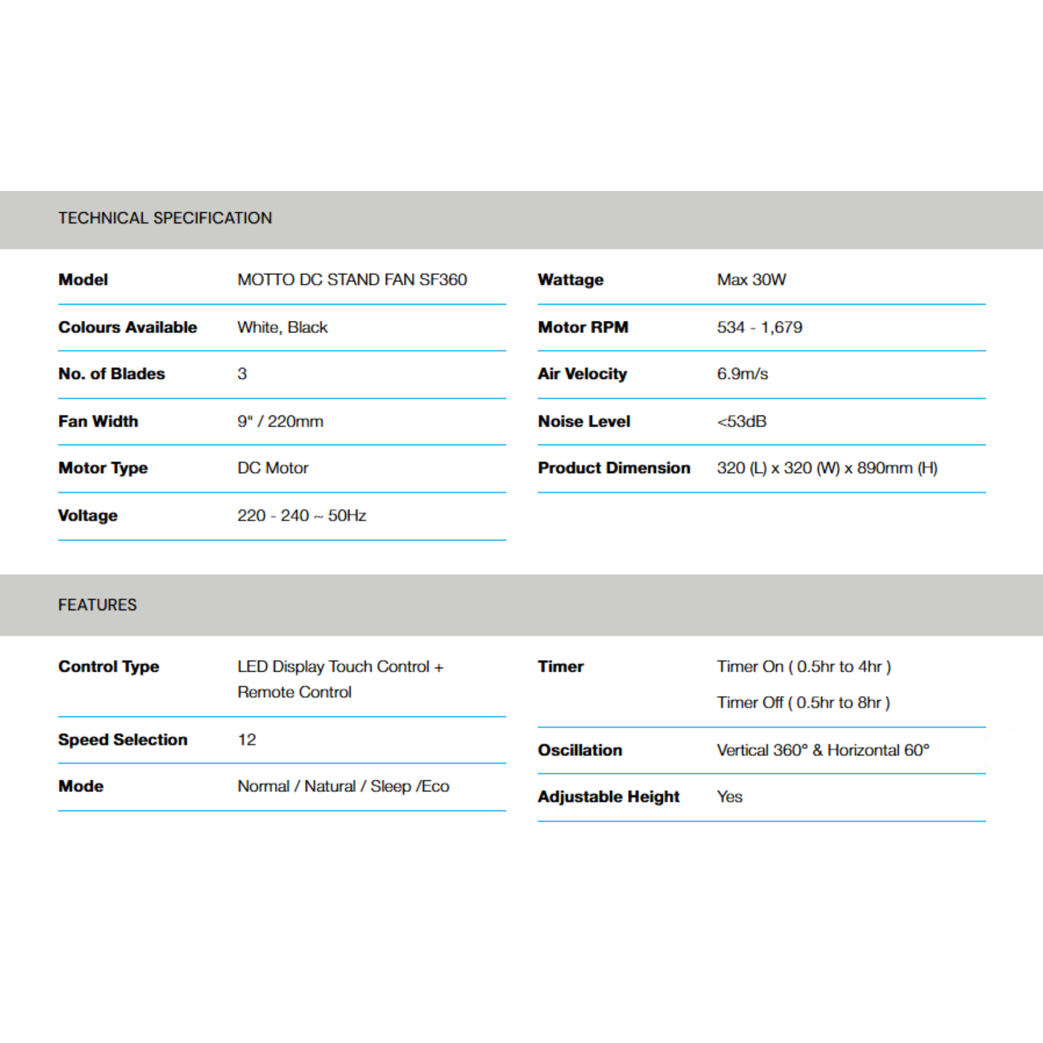 Alpha 9" Motto DC Motor Stand Fan (Motto SF360/9-DC)