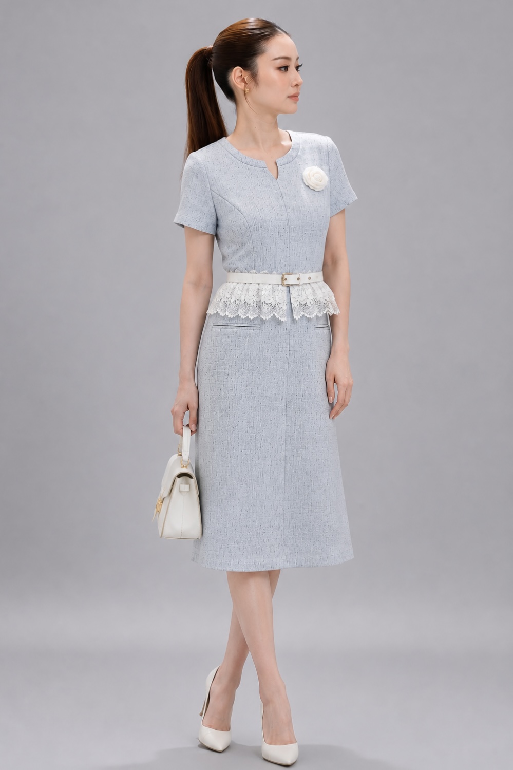 26623-1 Celeste Lace Peplum Belted Midi Dress