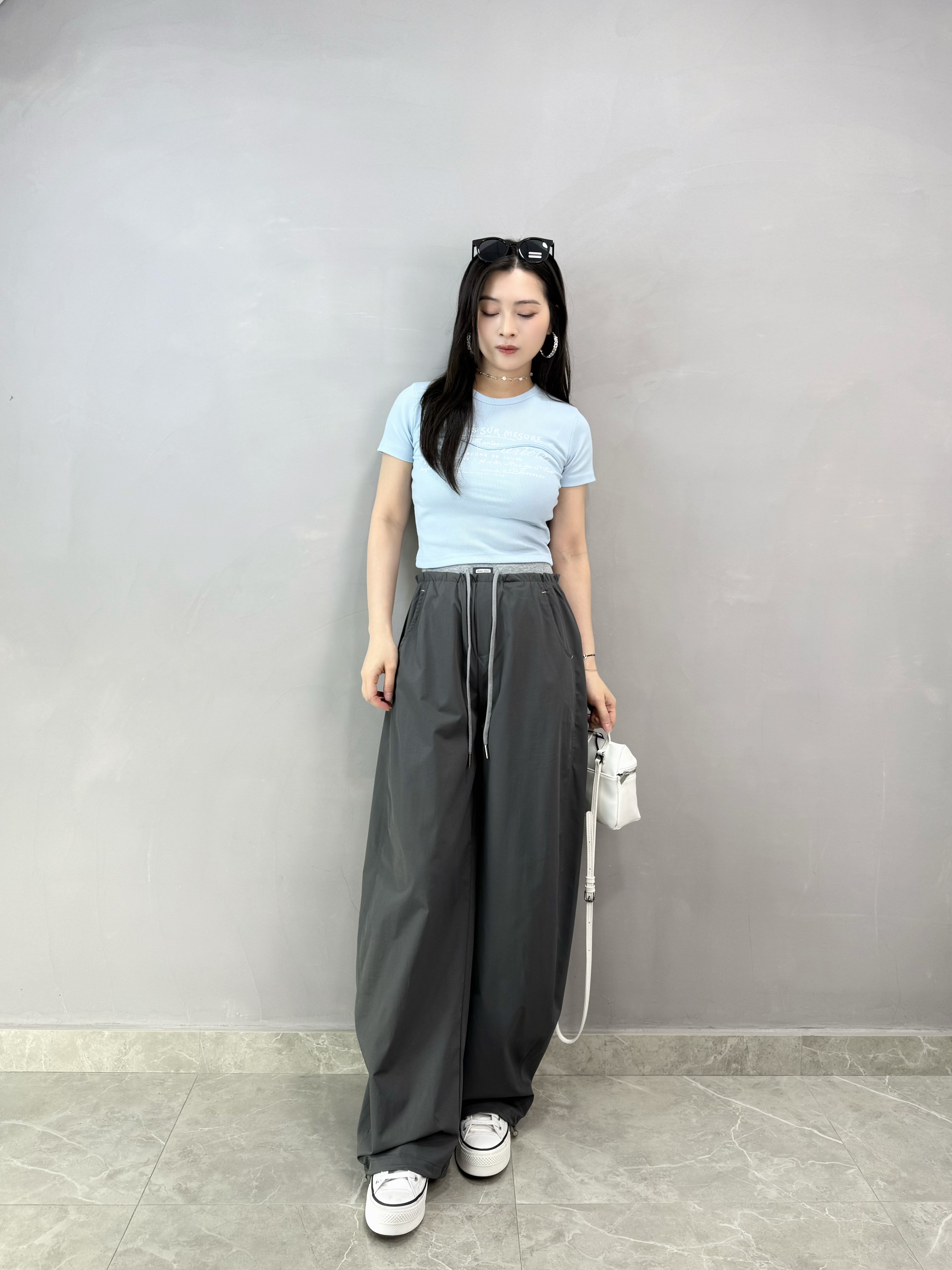 I84 拼色腰車章束乾褲