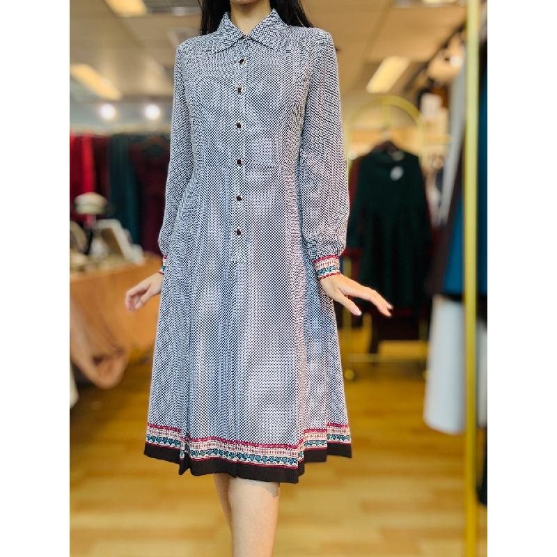 Vintage Japanese Dotty with Contrasting border Pattern Long Sleeve ShirtDress(MT2260-15)