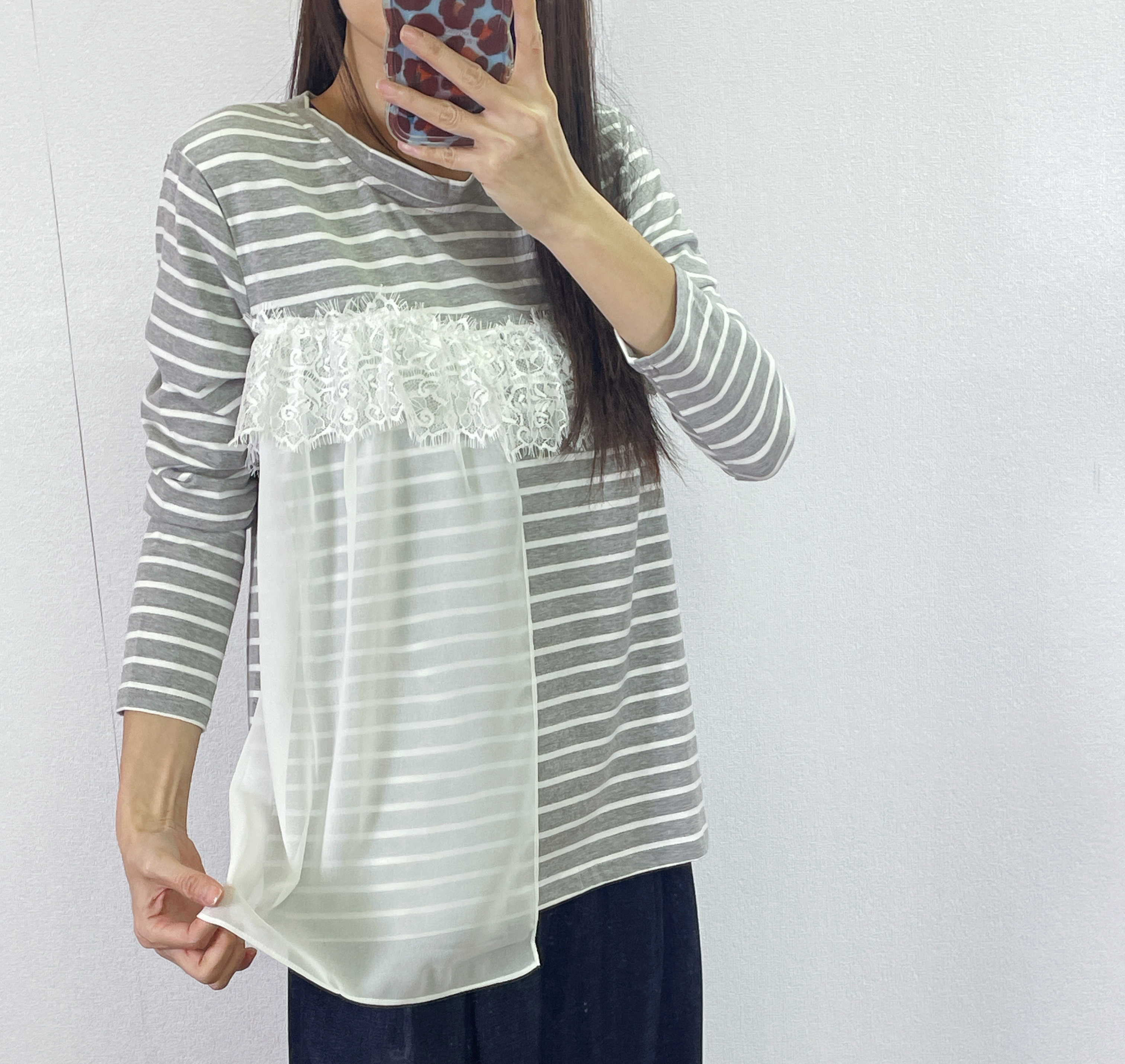 ⭐️Sale⭐️ #10-1187 橫間拼雪紡長袖top